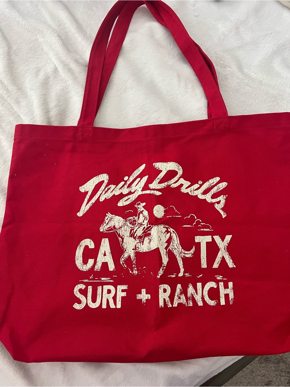 Daily Drills Red Canvas Tote with White Surf + Ranch Graphic
